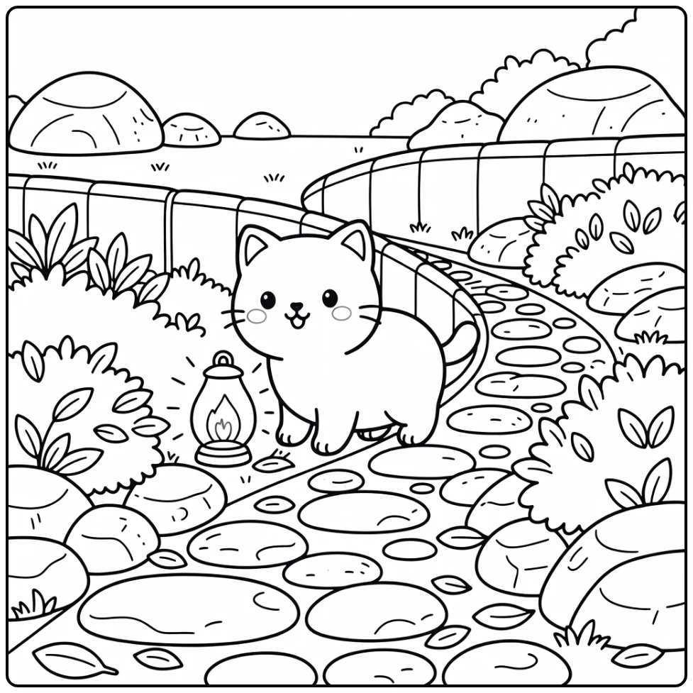 Cute cat on rocky garden path by lantern, cat coloring pages