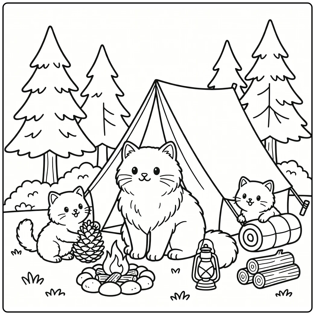 Cat family coloring pages: Norwegian Forest cats at woodland camp