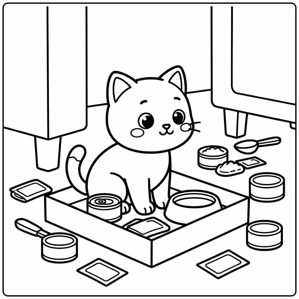 Cat food coloring pages: curious cat in tray with cans, pouches