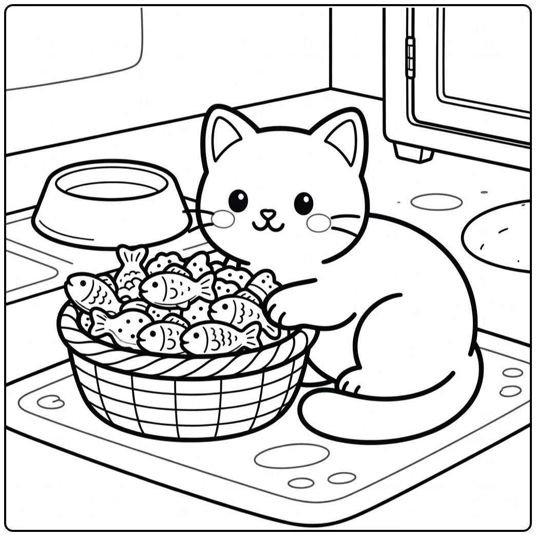 Cat food coloring pages: cat guards fish biscuits basket