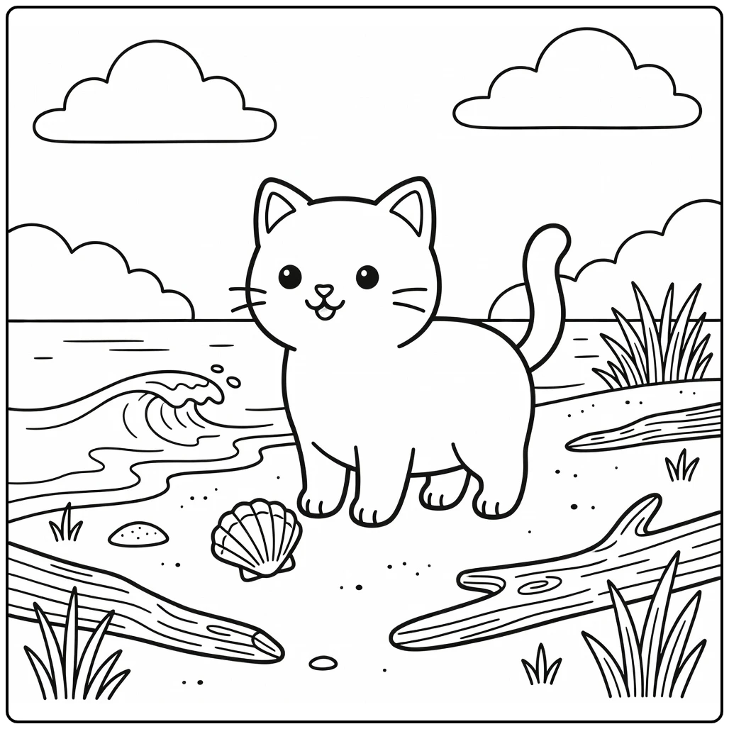 Cute cat on beach with shell & wave cat coloring pages