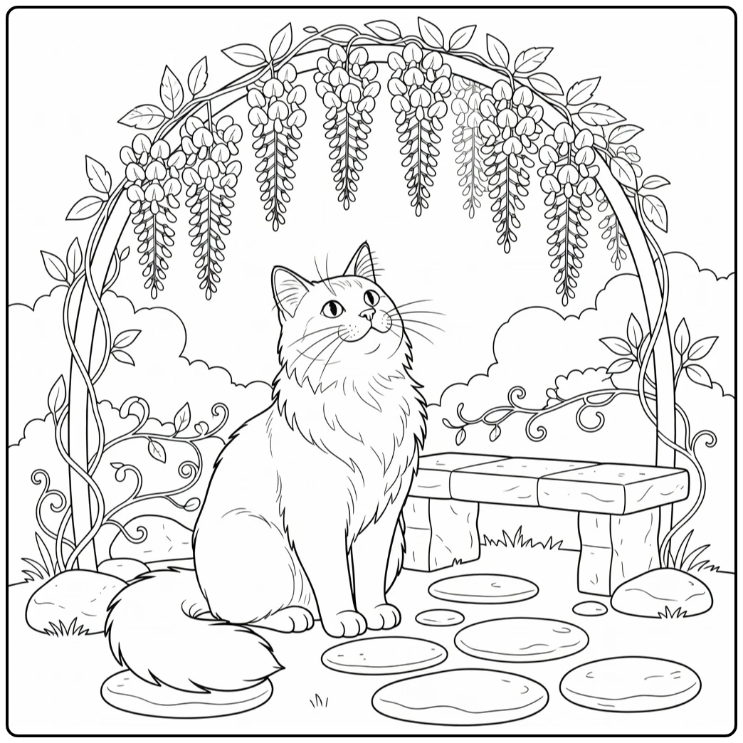 Maine Coon cat under wisteria arch cat and flower coloring pages