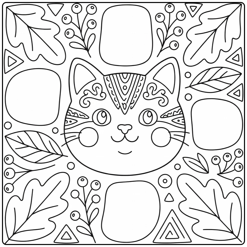 Cat head coloring pages: folk-art portrait with leaves, berries