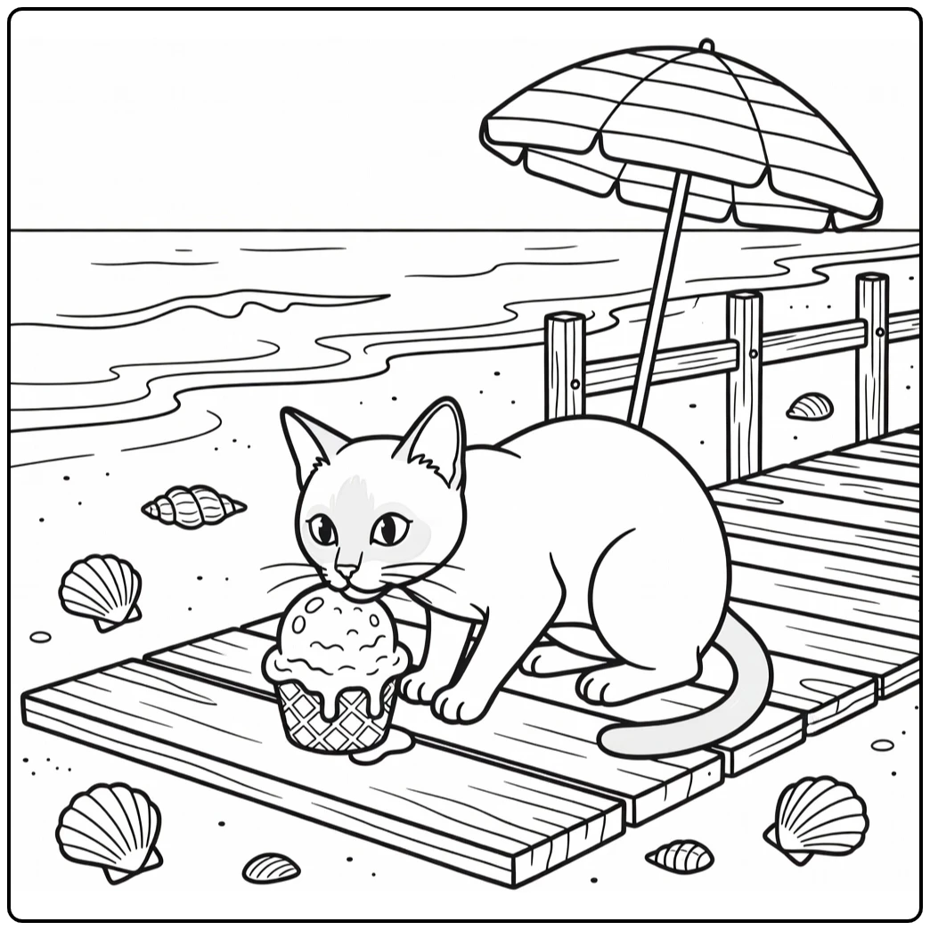 cat ice cream coloring pages: Siamese cat sniffing beach scoop