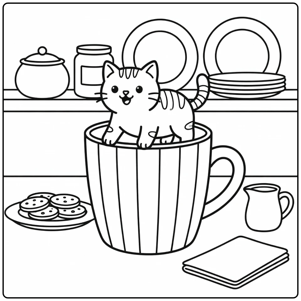 cat in a cup coloring pages: tabby cat climbing striped mug