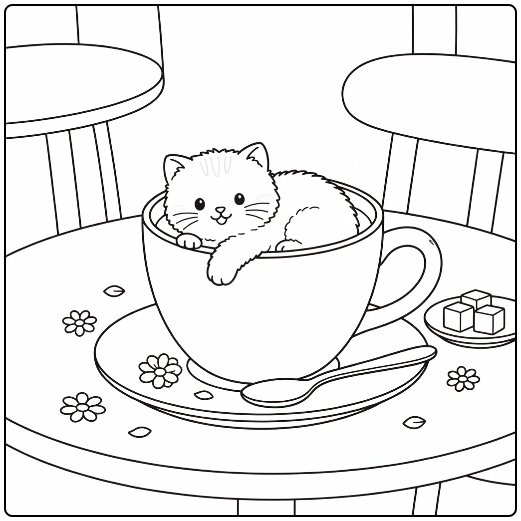 Cat in a cup coloring pages: kitten peeking from teacup
