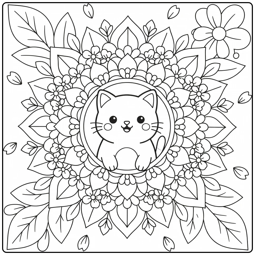Cat mandala coloring pages: cat peeking through floral wreath