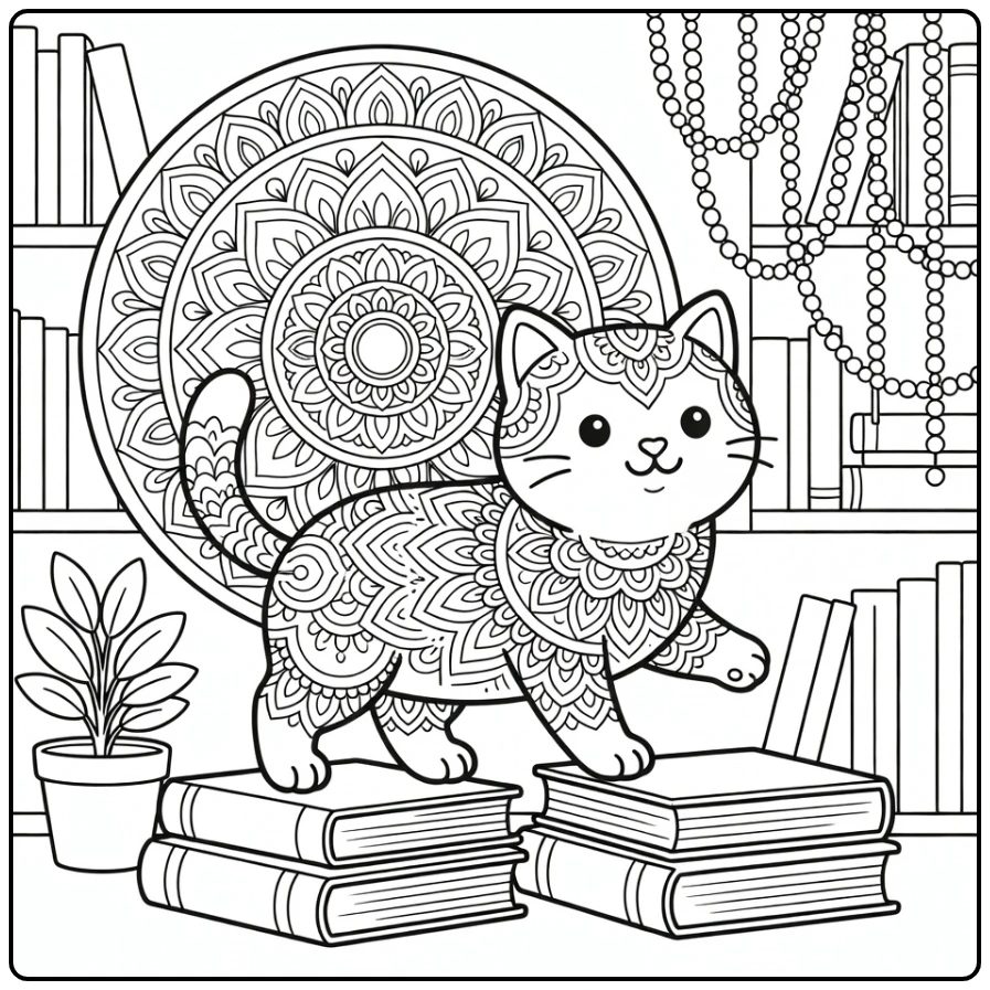 Cat mandala coloring pages: cat explores bookshelf nook