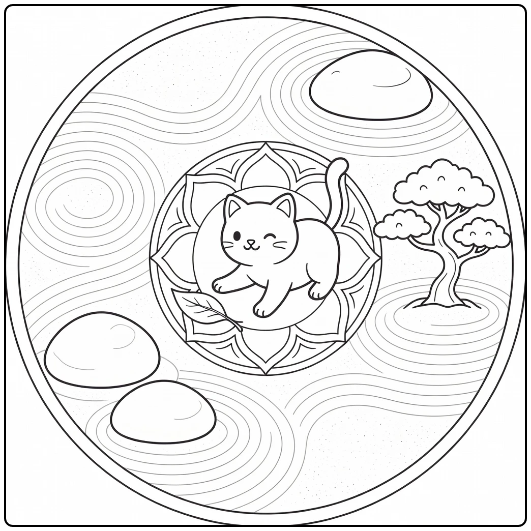 Cat mandala coloring pages: zen garden leaf reach