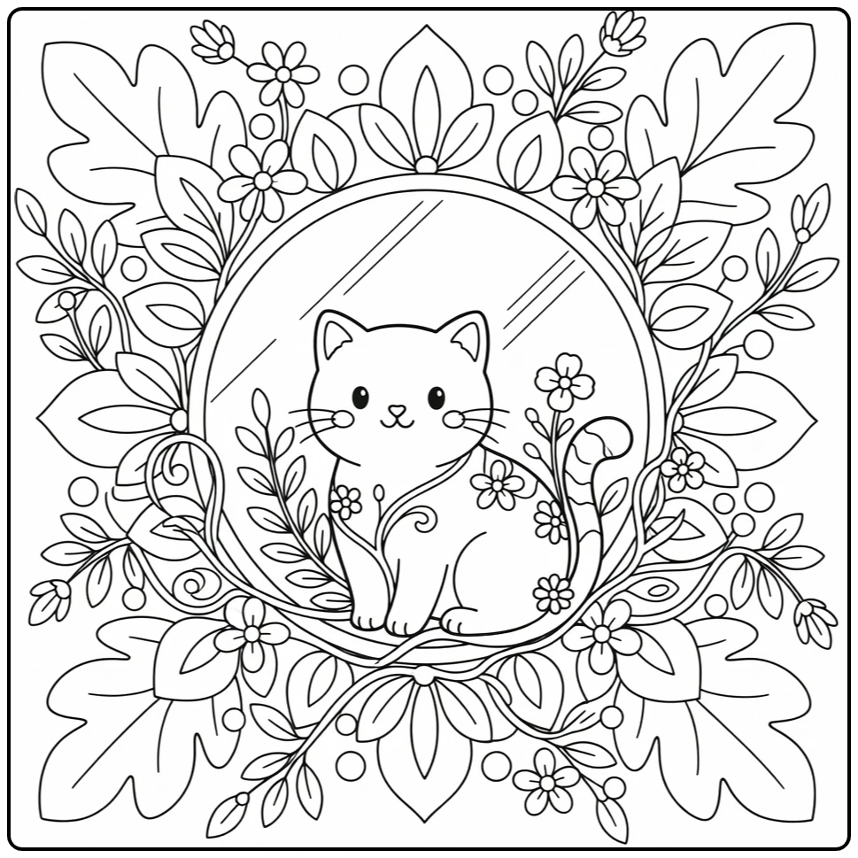 Cat mandala coloring pages: cute cat with vines, mirror