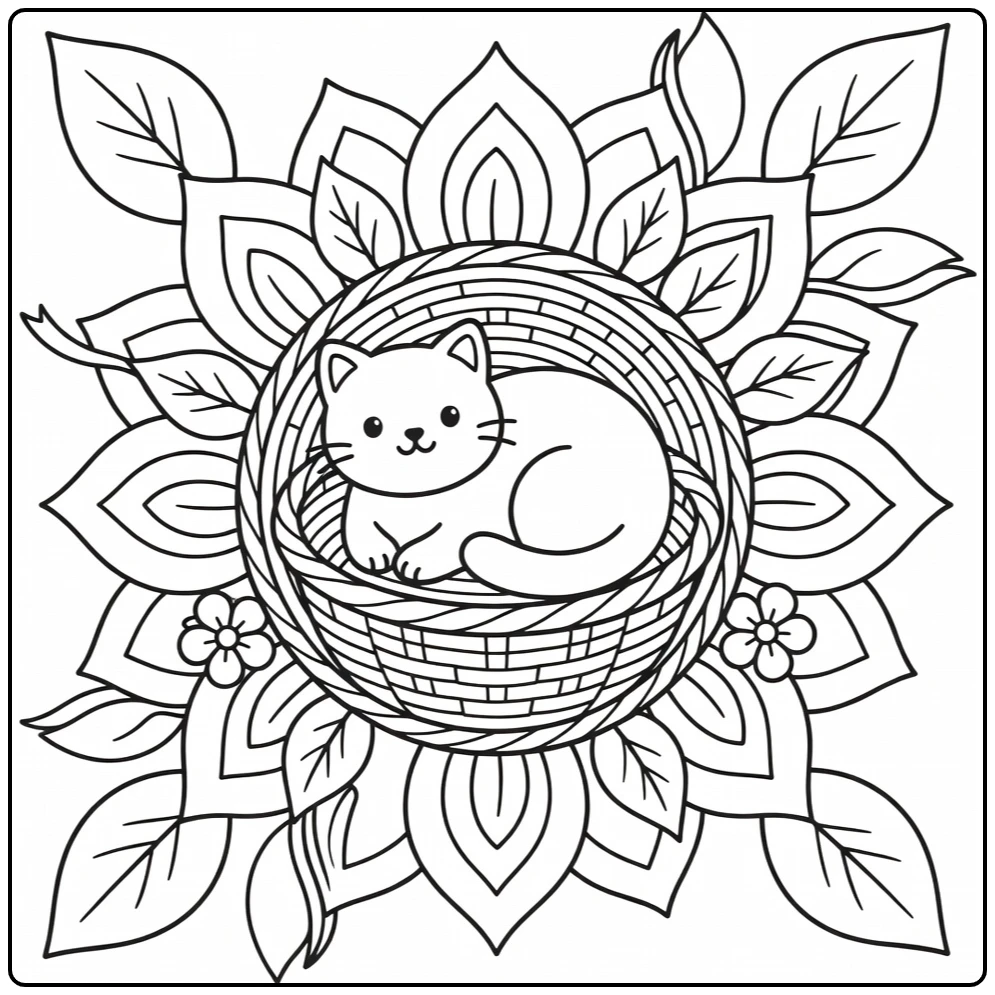 Cat mandala coloring pages: curled kitty in basket with rosettes