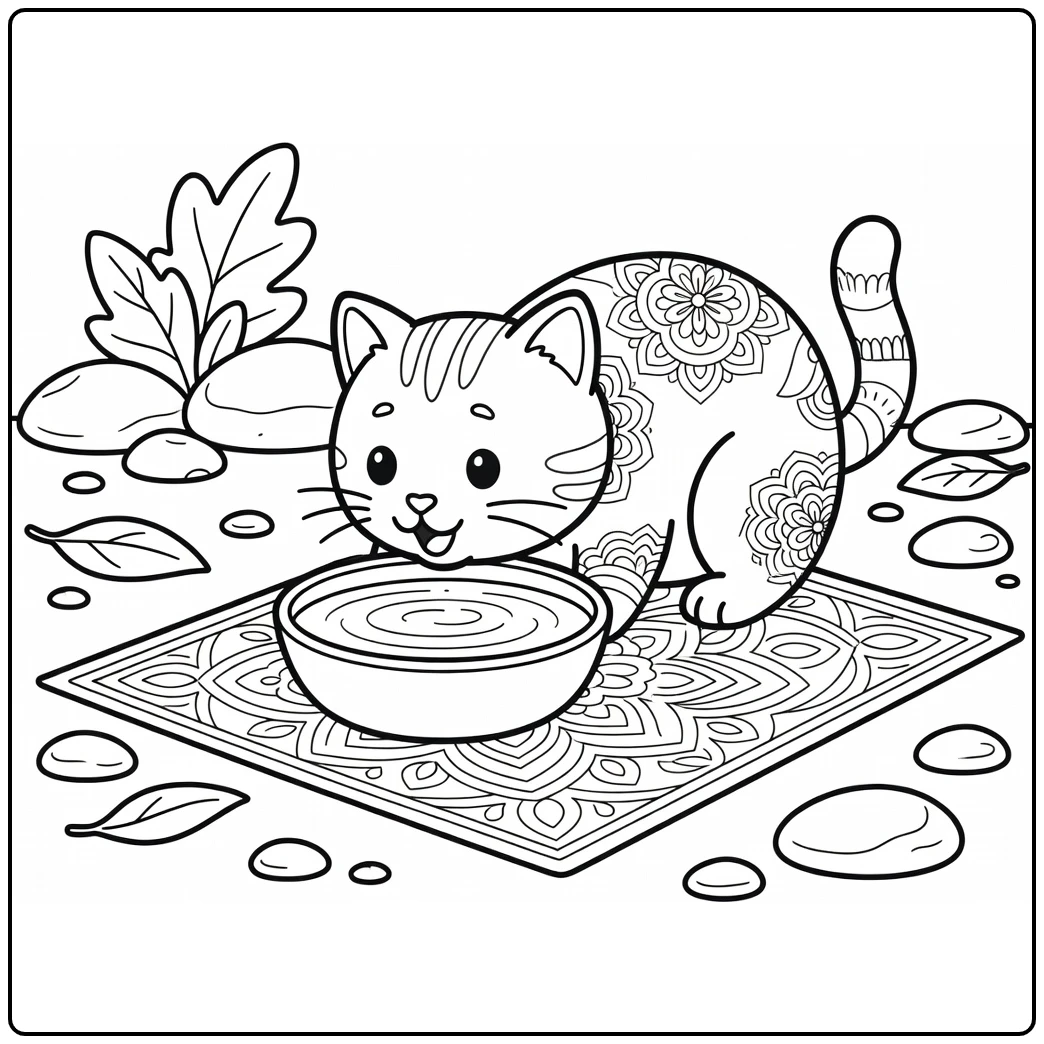 Cat mandala coloring pages: cute feline drinks from ripple bowl with stones, leaves