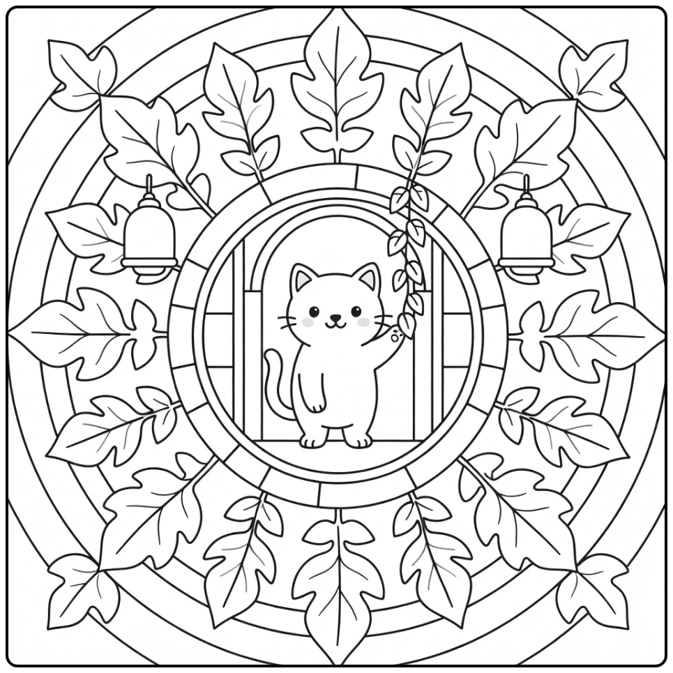 Cat mandala coloring pages: cat in stone doorway touching ivy vine