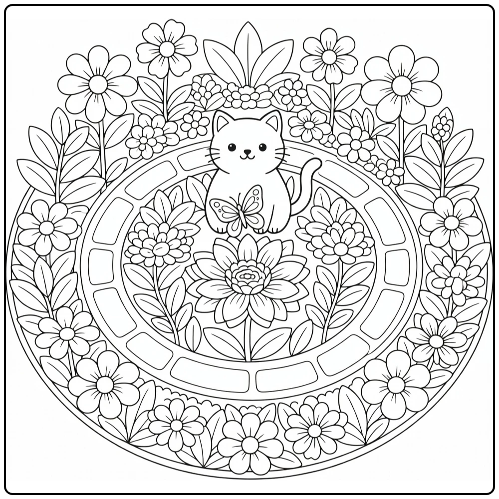 Cat mandala coloring pages: cat in garden bed watches butterfly