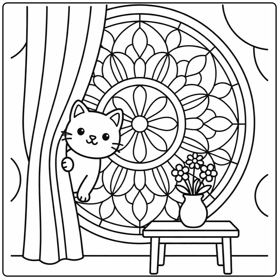 Cat mandala coloring pages: cat peeks behind curtain by stained-glass window