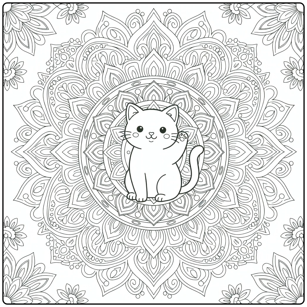 Cat mandala coloring pages: grooming cat in lotus petals