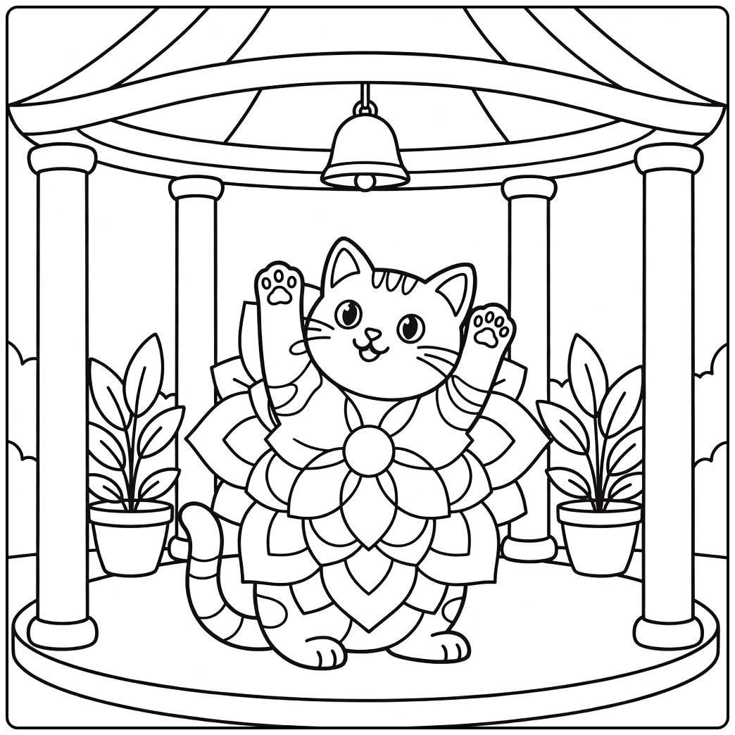 Cat mandala coloring pages: reaching for bell in pavilion