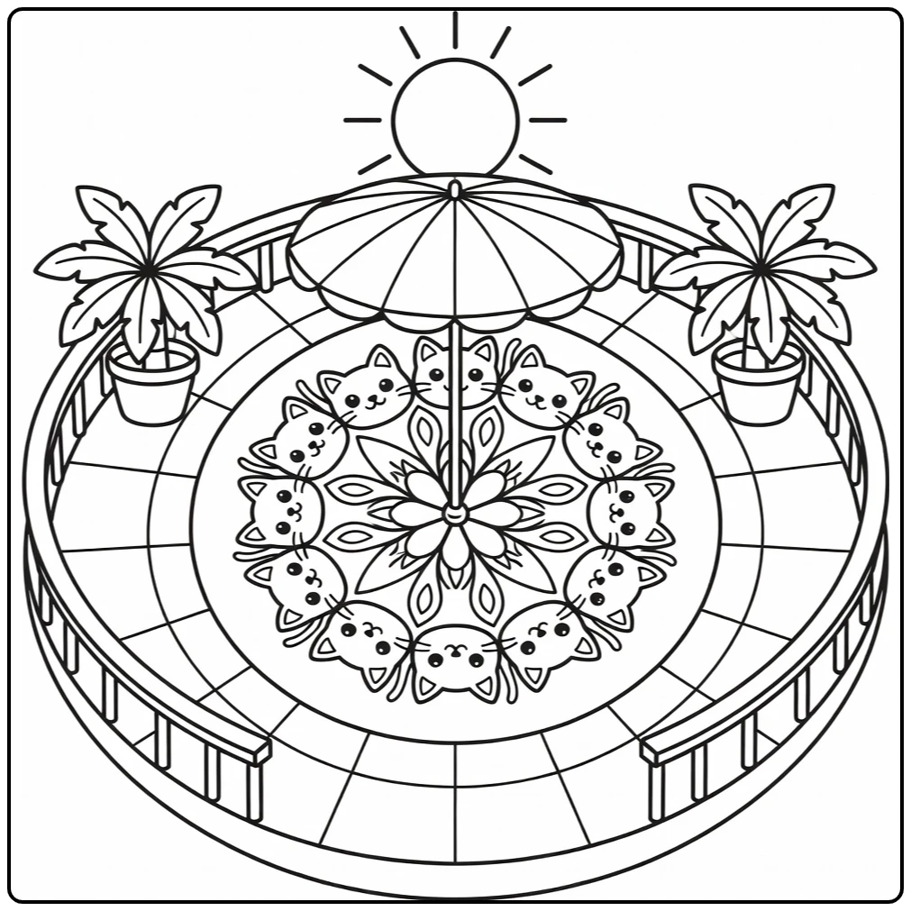 Cat mandala coloring pages: cat under parasol on terrace