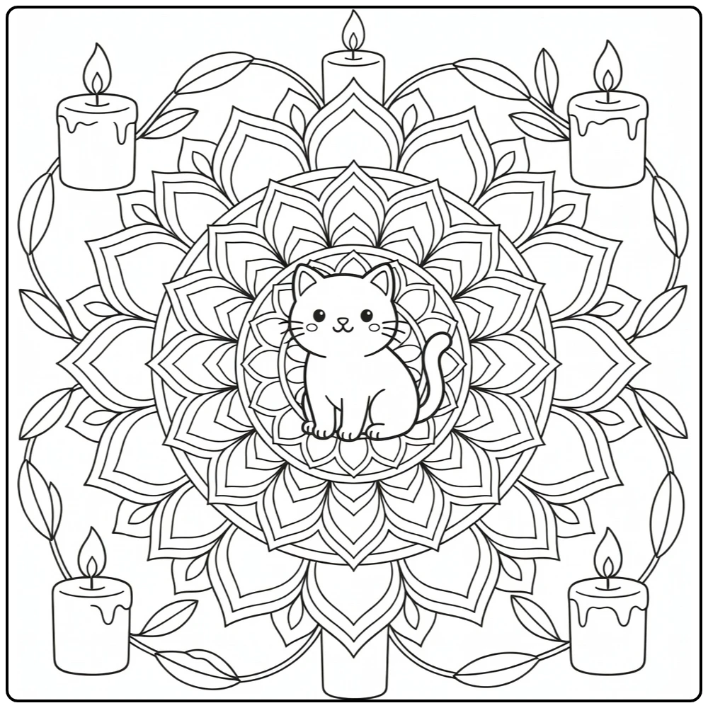 Cat mandala coloring pages: serene cat on lotus floor