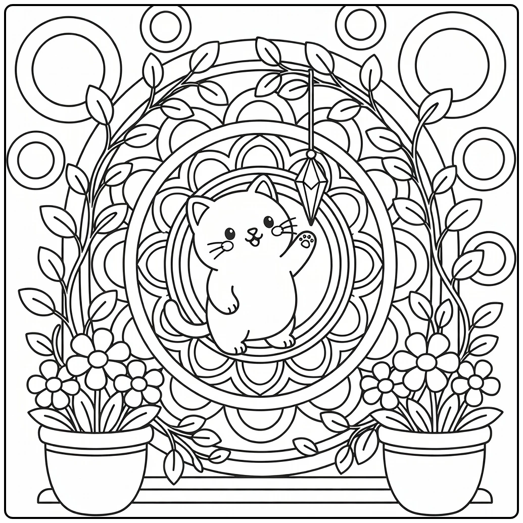 Cat mandala coloring pages: cat batting crystal in garden arch
