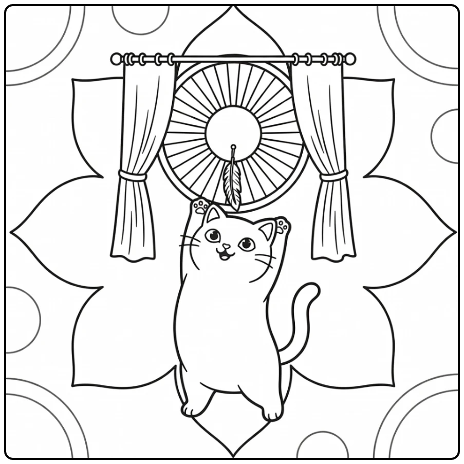 Cat mandala coloring pages: cat stretches to tap feather charm