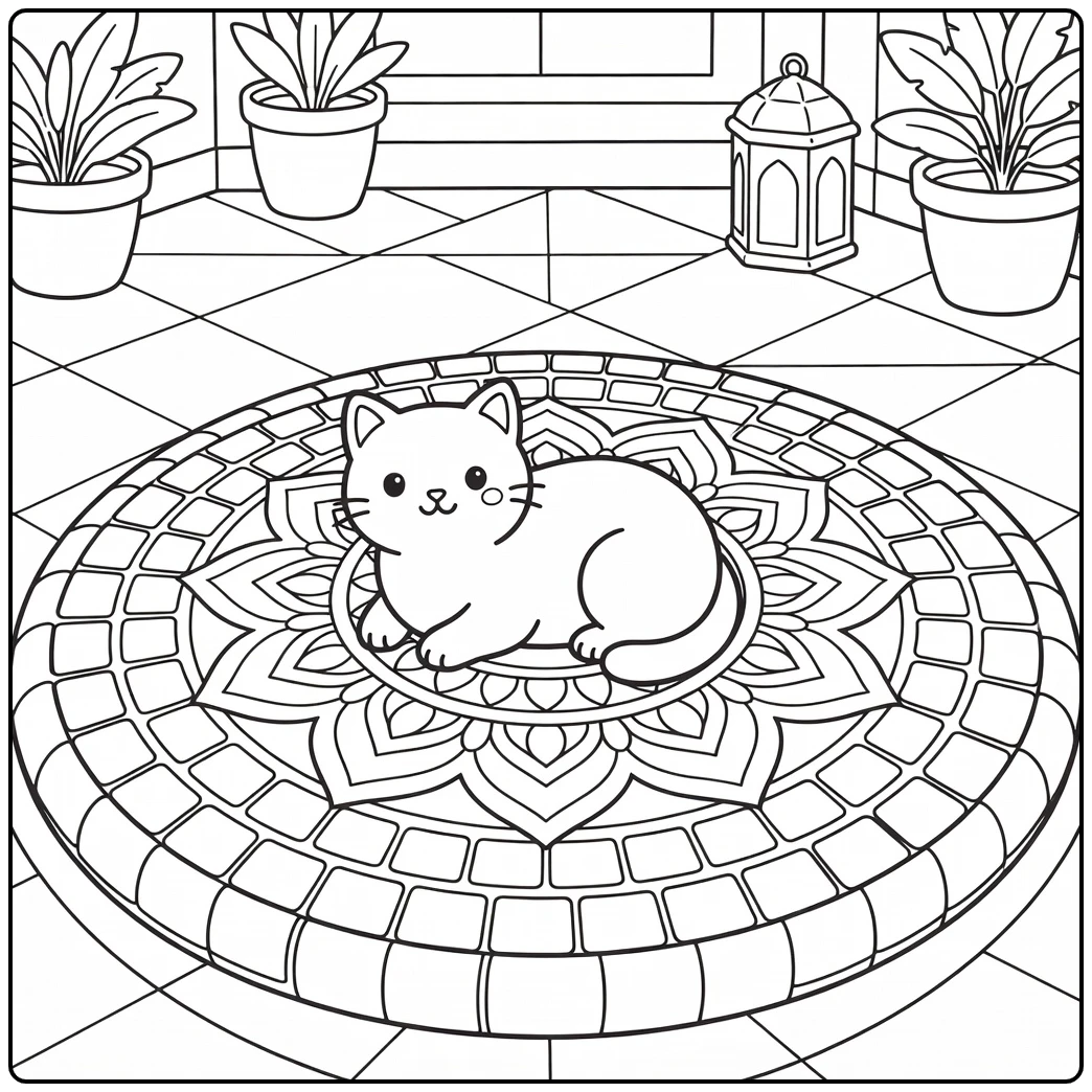 Cat mandala coloring pages: lounging cat on mosaic cushion