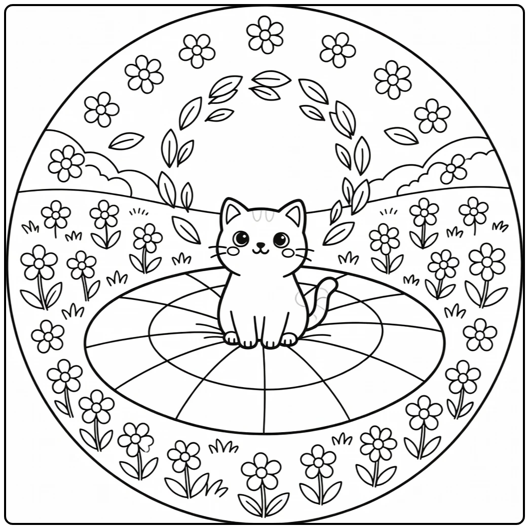 Cat mandala coloring pages: cute cat on blanket amid meadow leaves