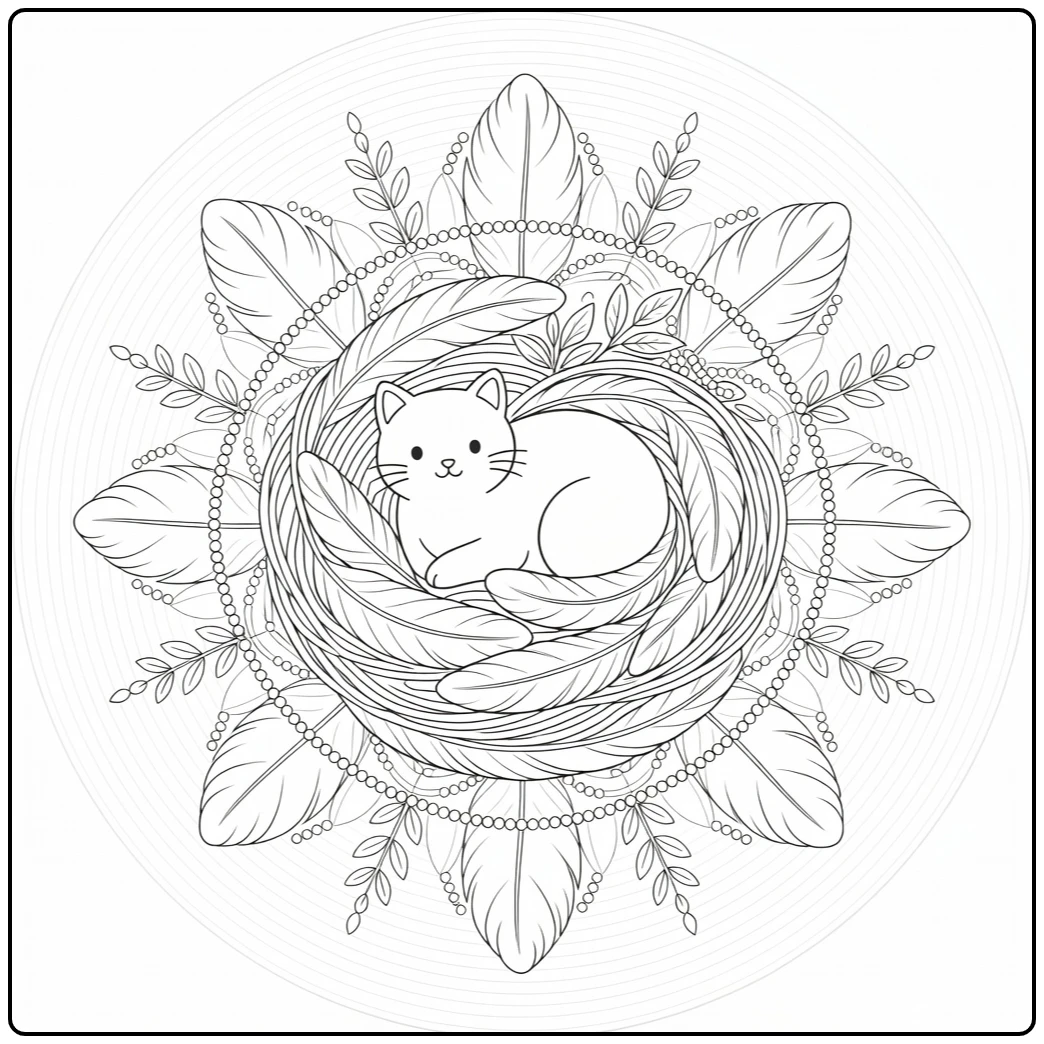 Cat mandala coloring pages: cute cat in feather nest, beads