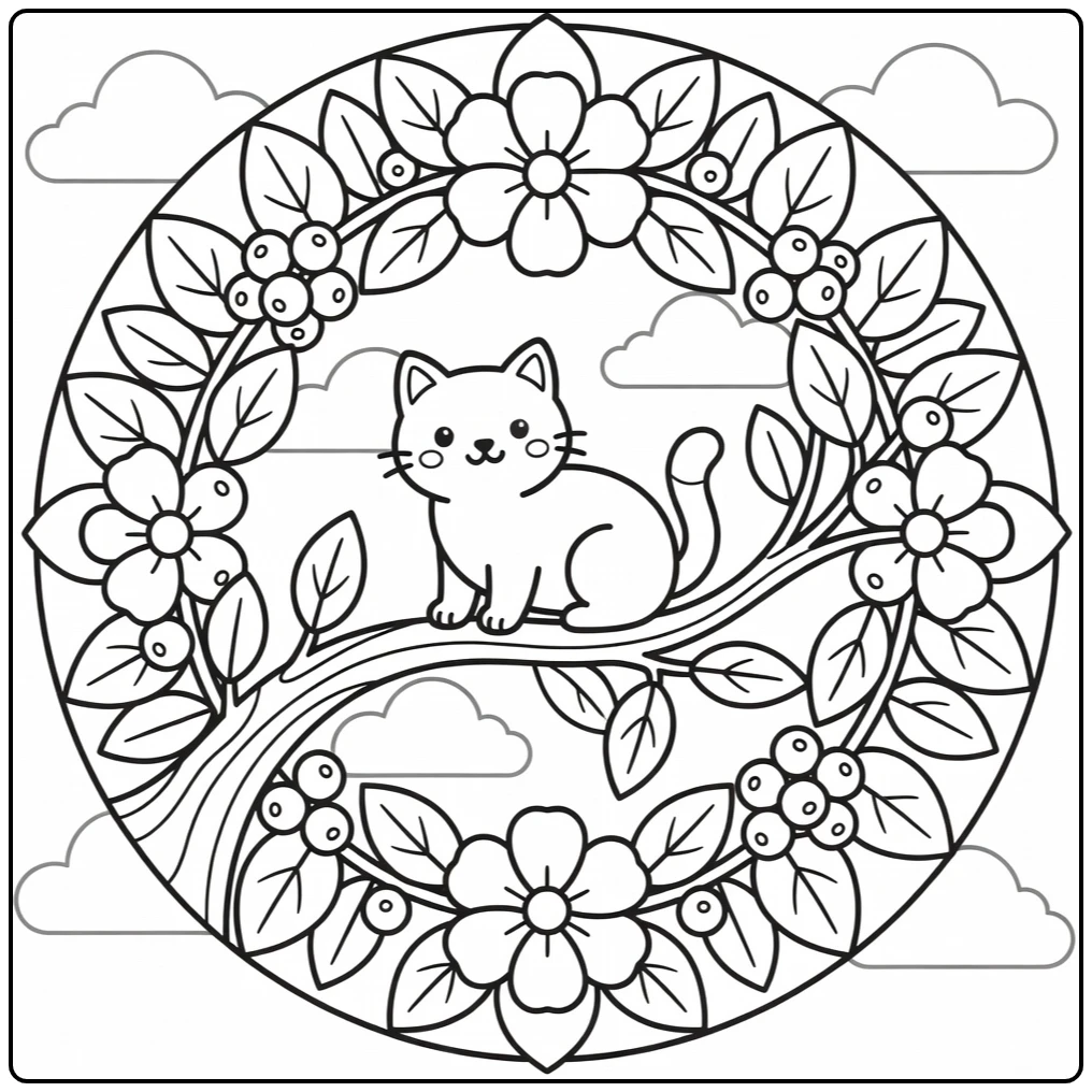 Cat mandala coloring pages on branch with leaves, berries, clouds