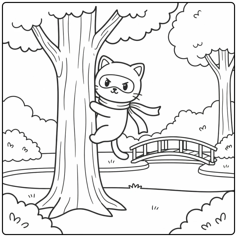 Cat ninja coloring pages: stealthy cat on tree trunk