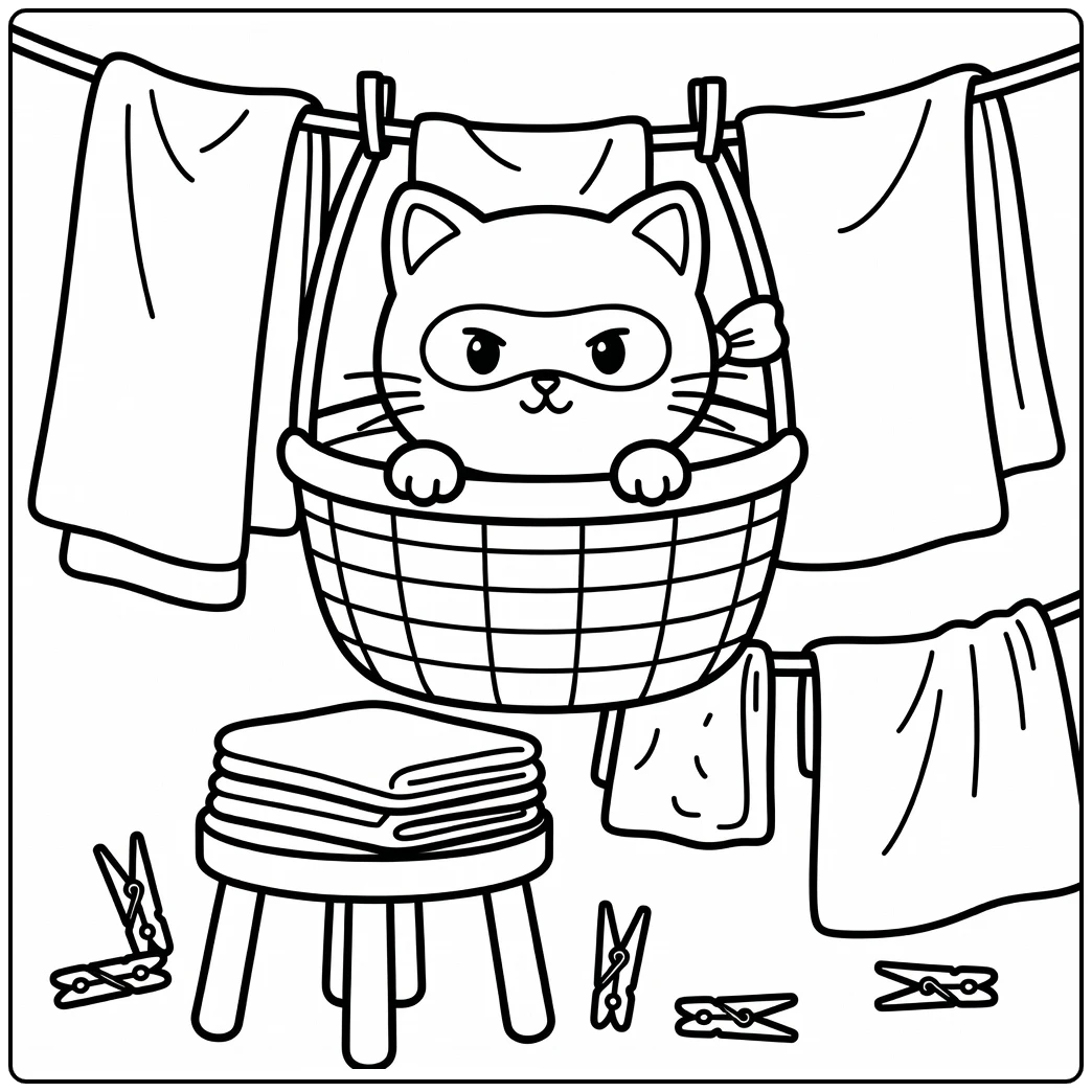 Cat ninja coloring pages: sneaky peek from laundry basket