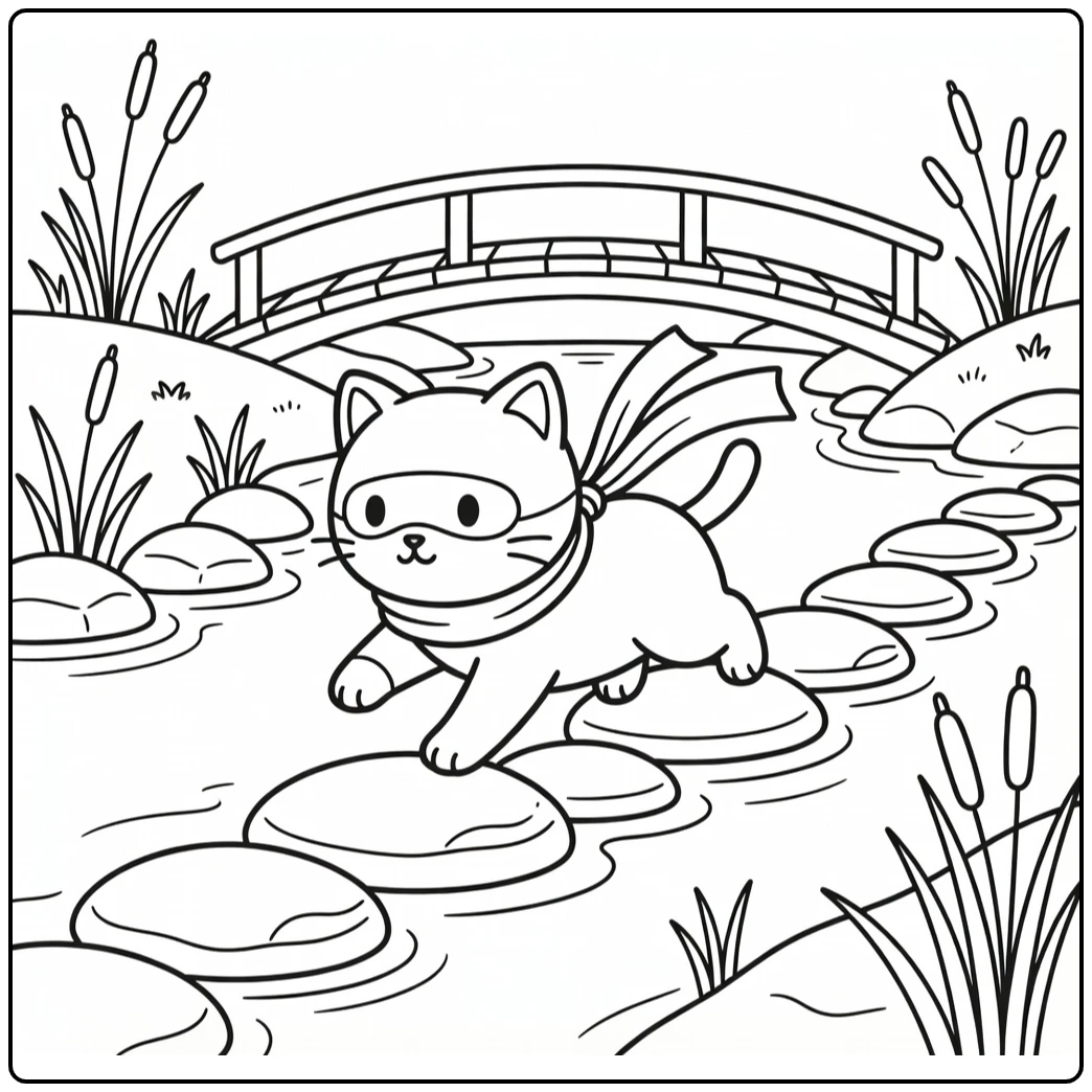 Cat ninja coloring pages: stealthy dash over stream stones
