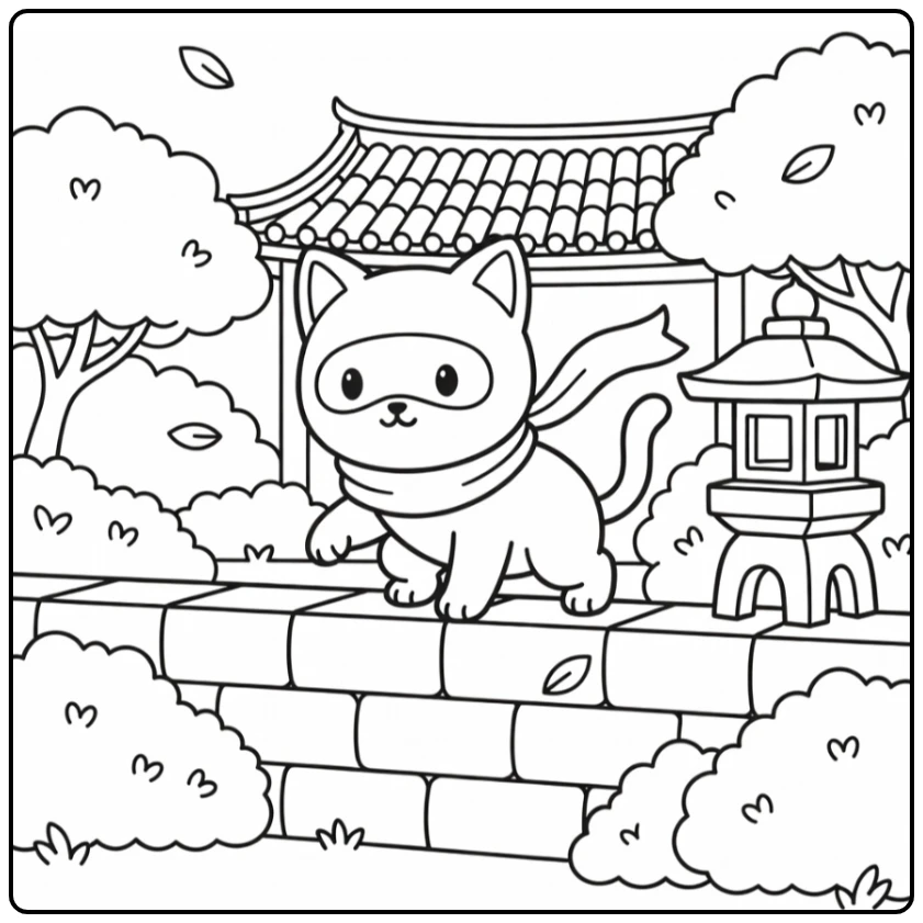Cat ninja coloring pages: stealthy crouch on moonlit wall