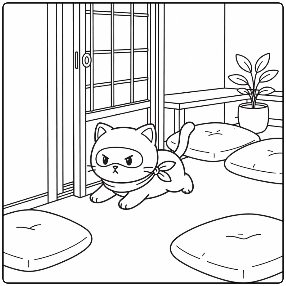 Cat ninja coloring pages: stealthy paws under paper door