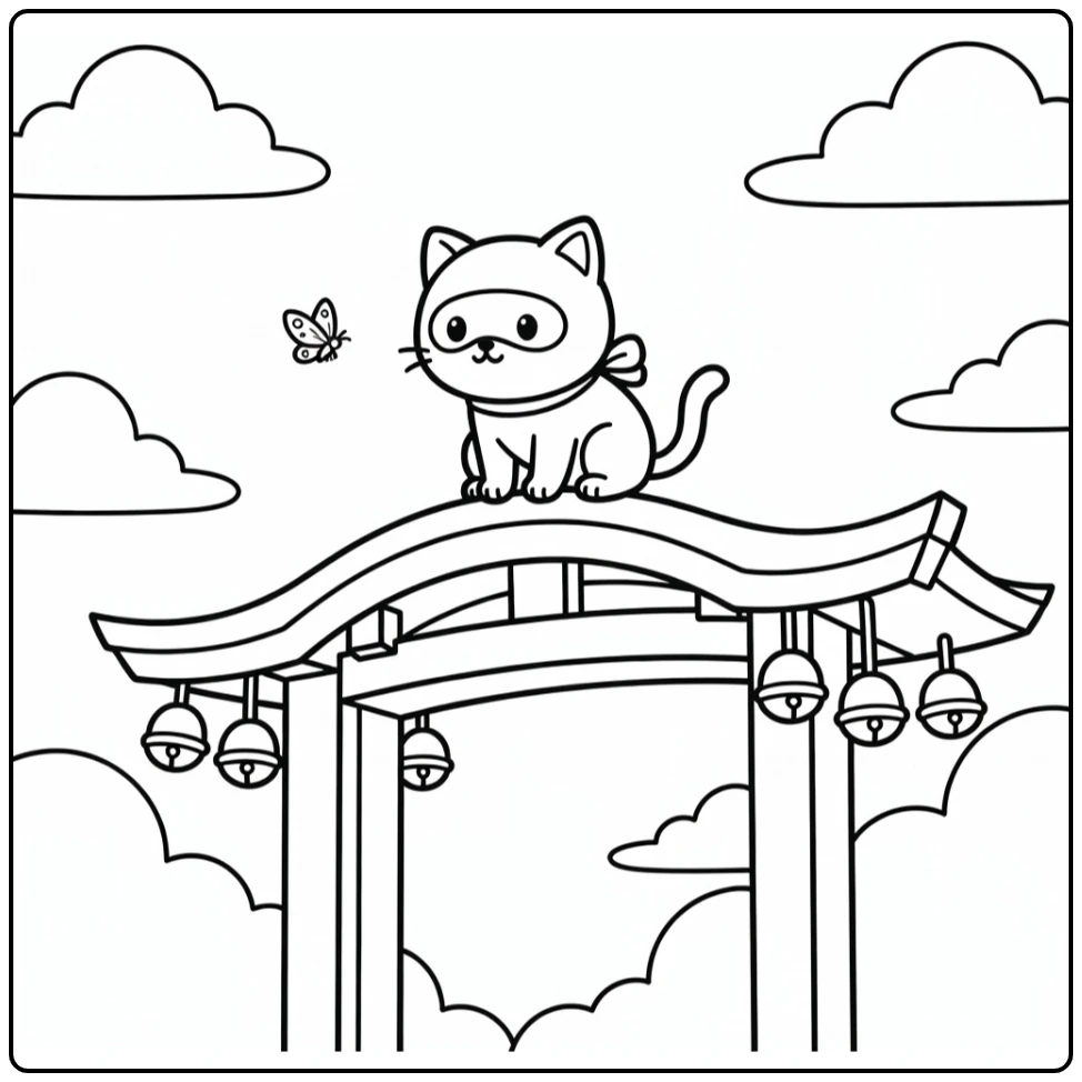 Cat ninja coloring pages: perched feline tracking moth on gate