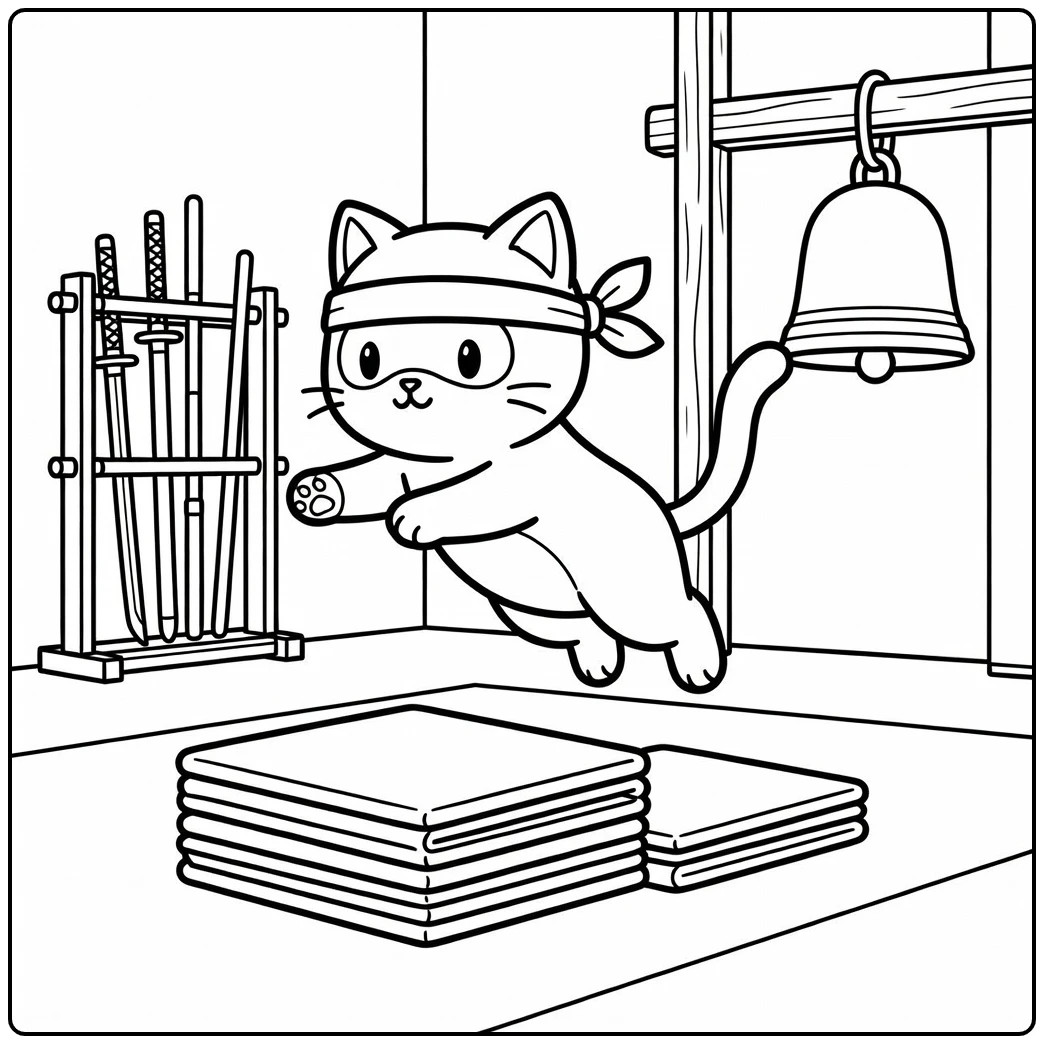 Cat ninja leaping from dojo mats: cat ninja coloring pages