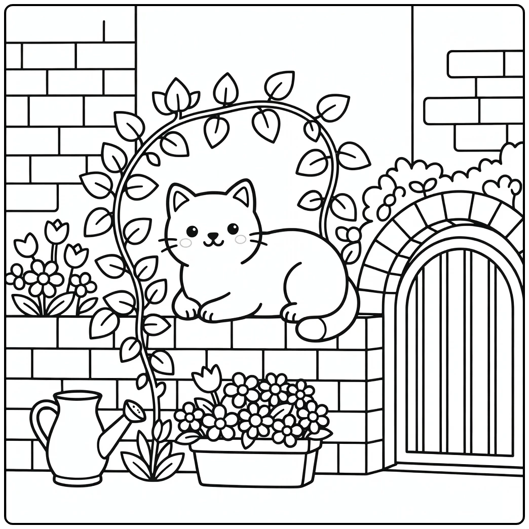 Cute cat lounging on brick wall cat coloring pages
