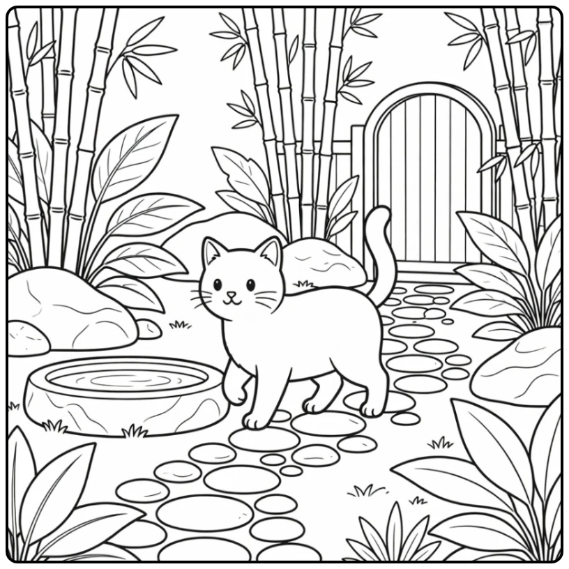 Elegant cat in zen garden path - cat coloring pages for adults