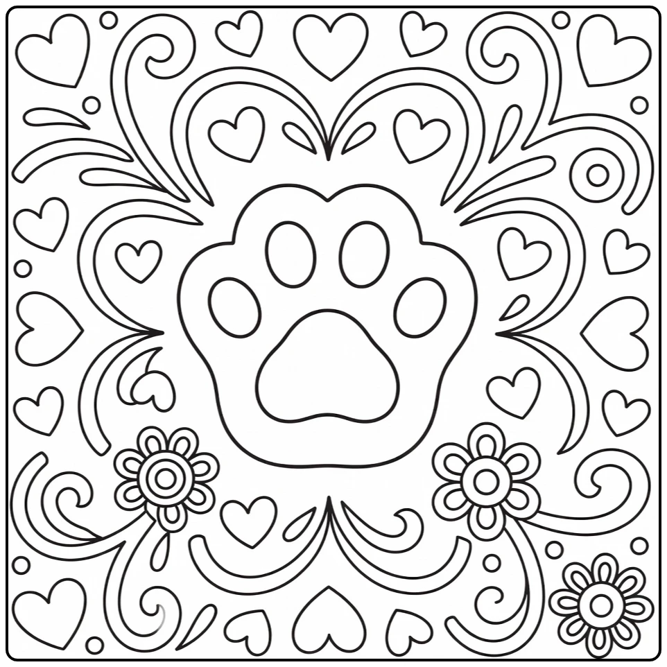 Cat paw coloring pages: oversized paw with toe beans, hearts
