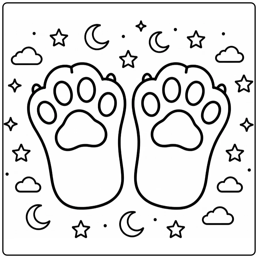 Cat paw coloring pages: two paws with stars, moons