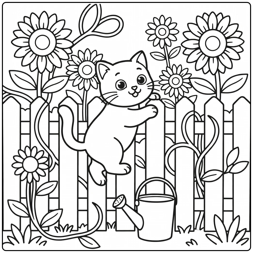 Curious cat climbs fence to sunflower yard cat coloring pages