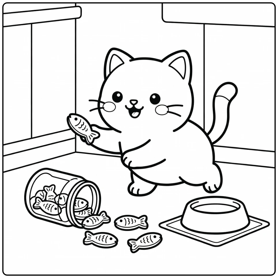 Playful cat batting fish treat cat food coloring pages
