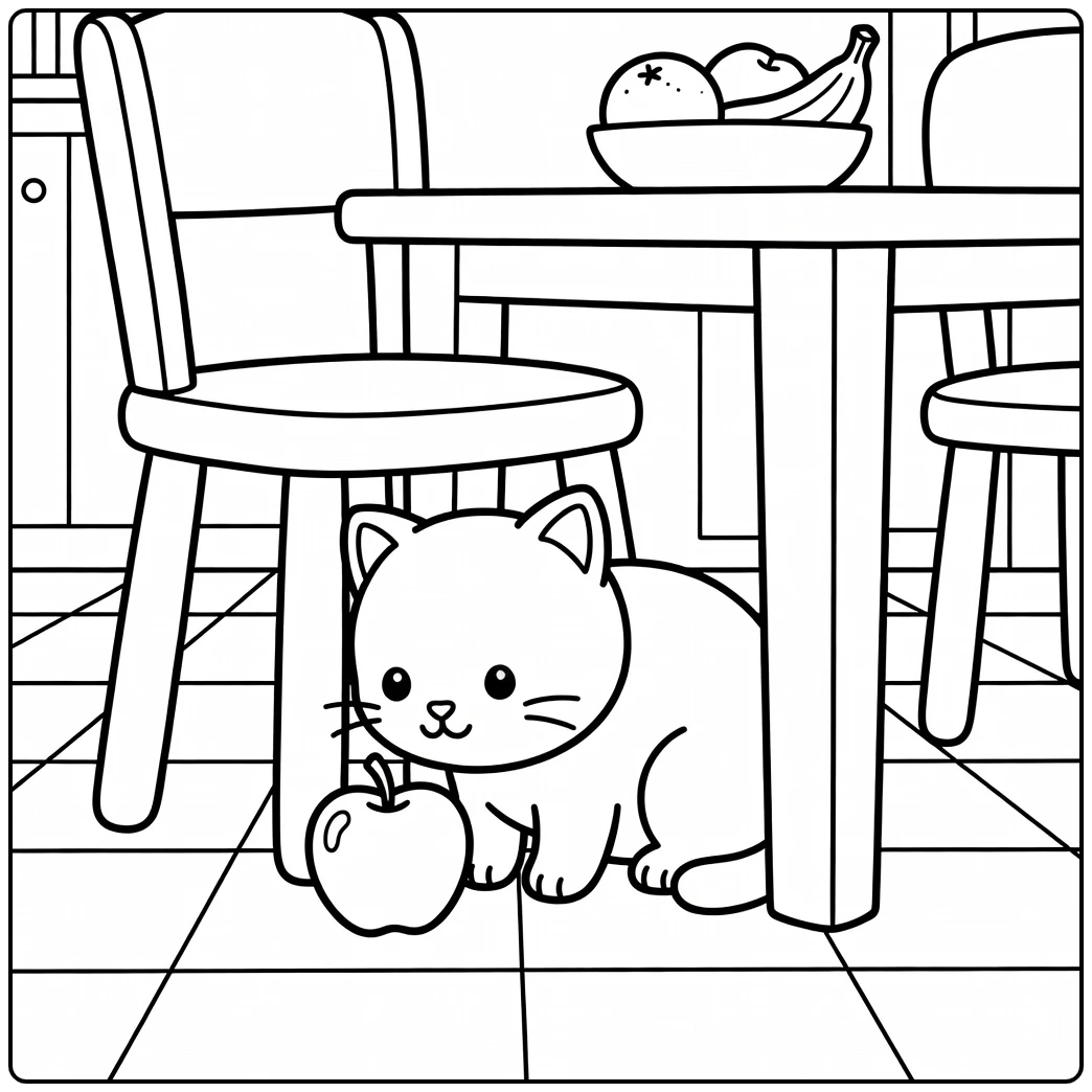 Cute cat sniffing fallen apple under chair - cat coloring pages