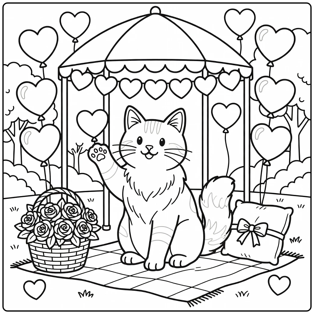 Cat valentine coloring pages: Maine Coon cat reaches for hearts