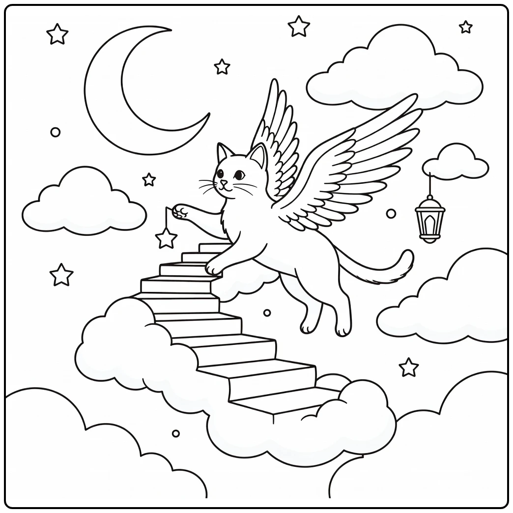 Cat with wings coloring pages: Angora gliding to star charm