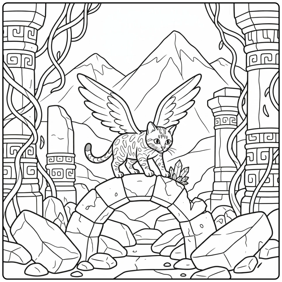 Cat with wings coloring pages: Bengal inspecting crystals in ruins
