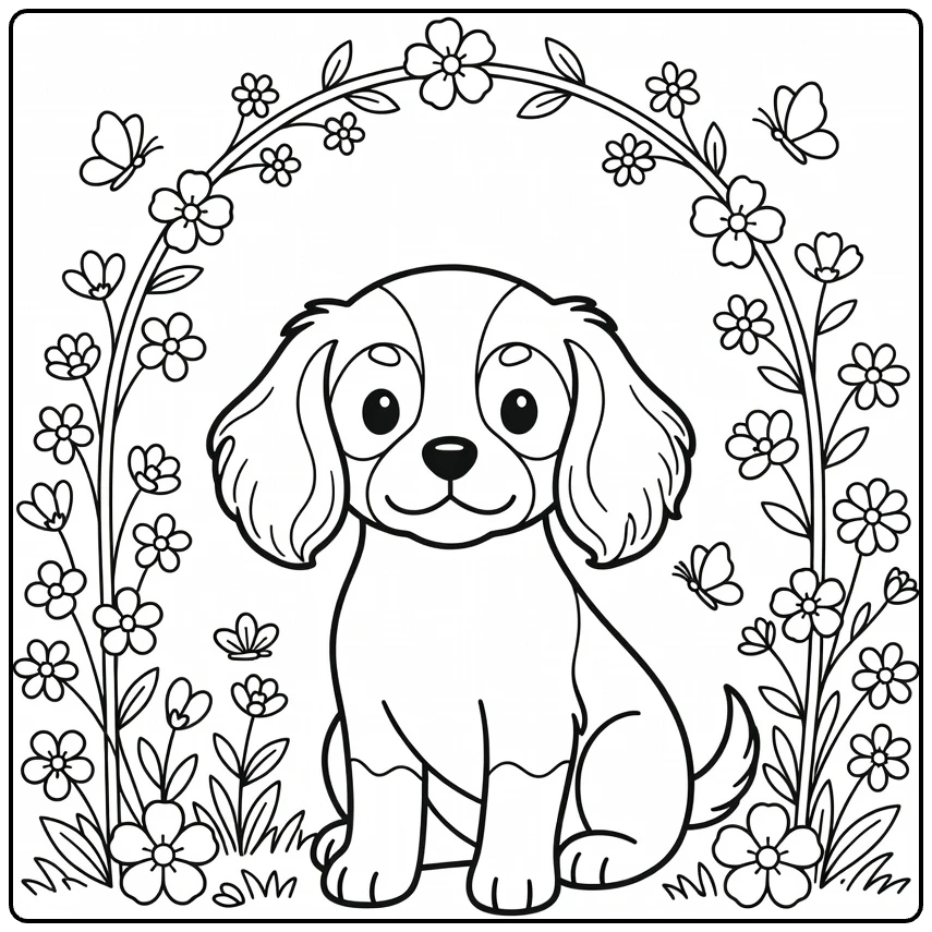 Cavalier King Charles Spaniel Puppy Coloring Page in garden