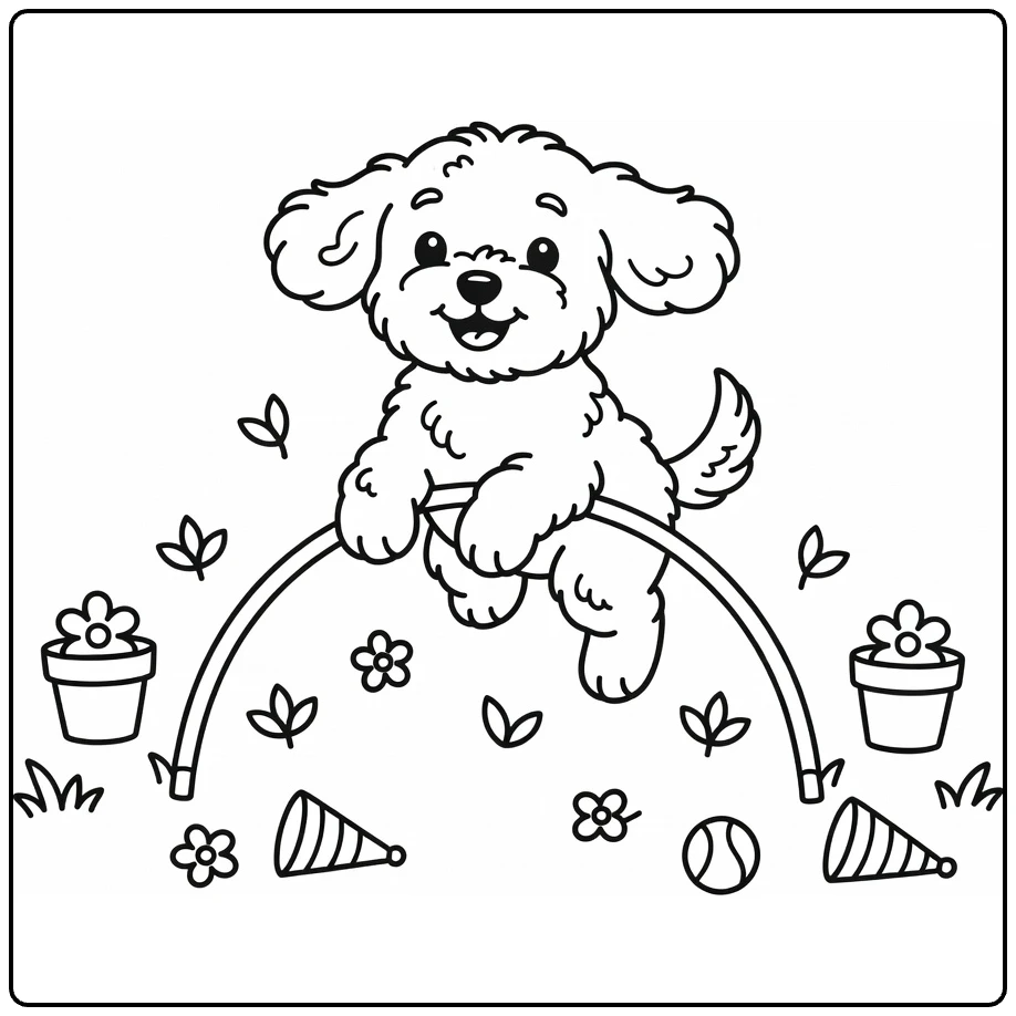 Cavapoo coloring page: puppy jumps through garden hoop with pots