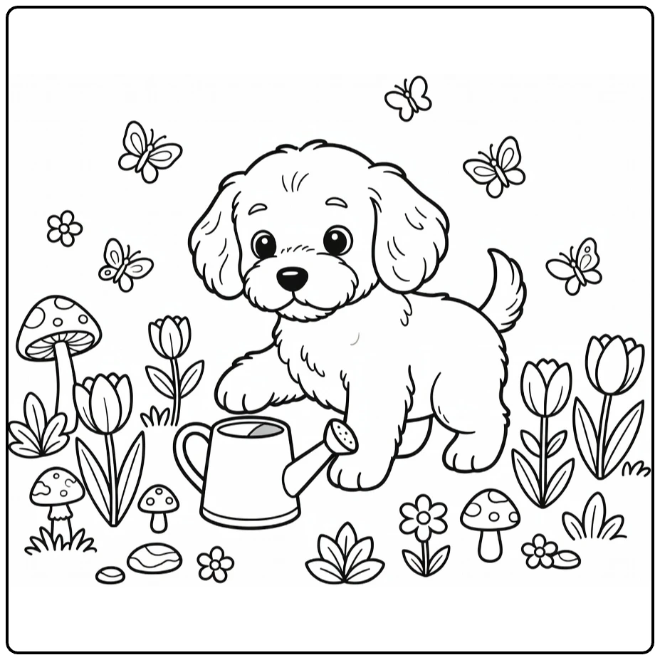 Cavapoo coloring page: puppy peeks into watering can garden with tulips, mushrooms