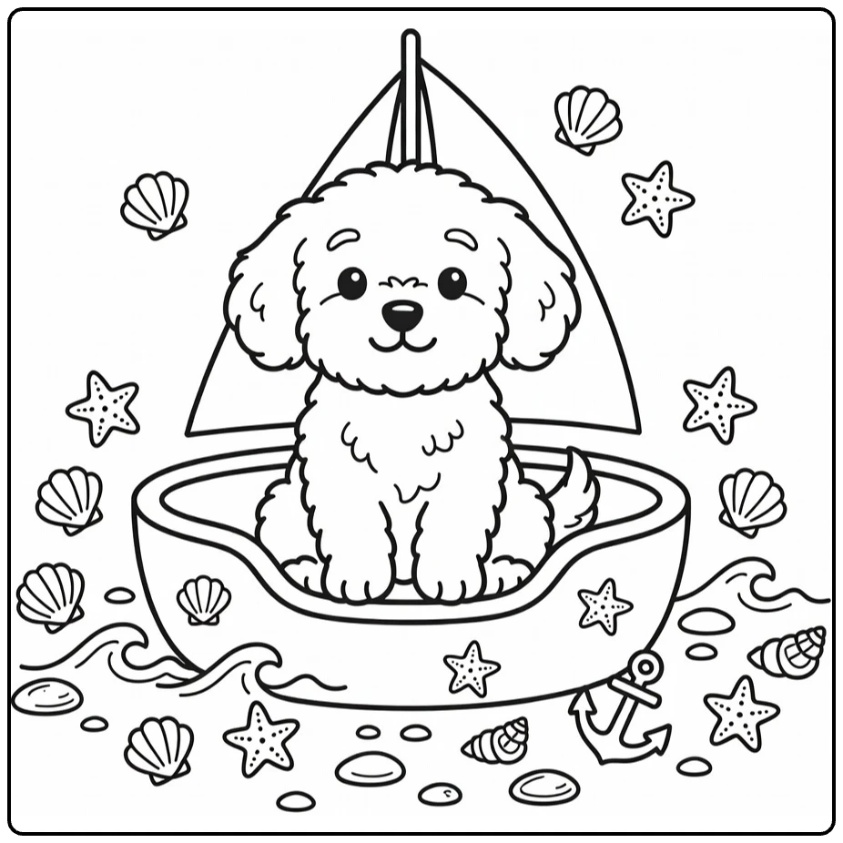 Cavapoo coloring page: puppy in sailboat bed with seashells